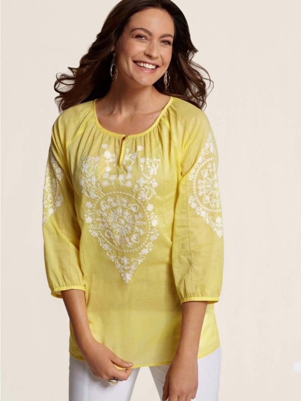 Chico's Yellow Embroidered Cotton Peasant Tunic Sz Large - Picture 11 of 12